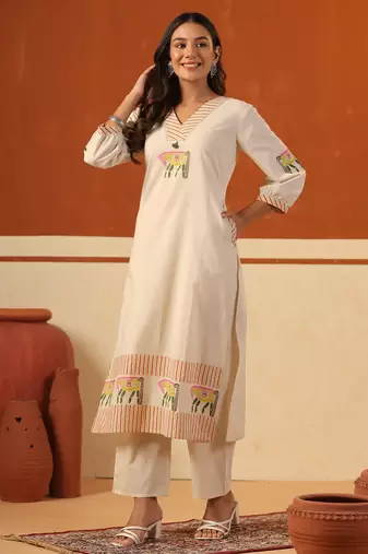 Beige printed cotton kurta trouser set