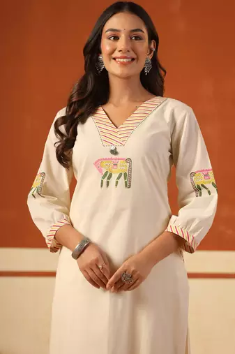 Beige printed cotton kurta trouser set