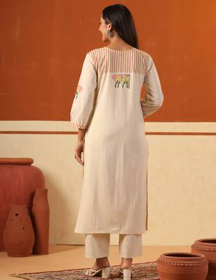 Beige printed cotton kurta trouser set 3