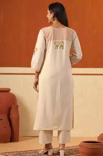 Beige printed cotton kurta trouser set