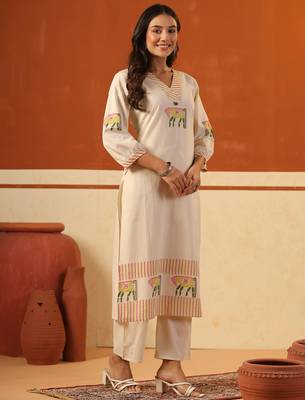 Beige printed cotton kurta trouser set 4