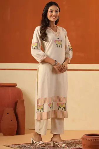 Beige printed cotton kurta trouser set
