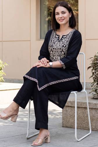 Black printed cotton kurta trouser set