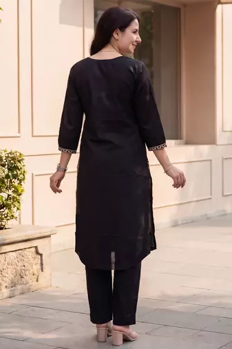 Black printed cotton kurta trouser set