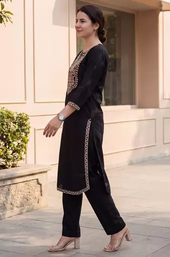 Black printed cotton kurta trouser set