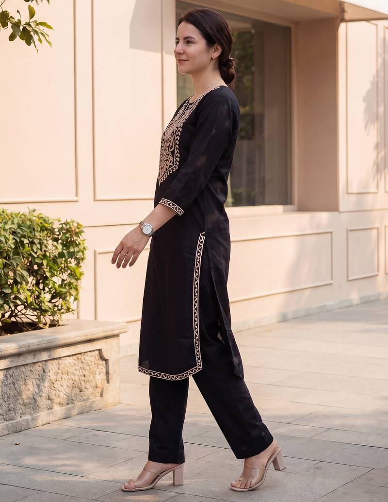 Black printed cotton kurta trouser set