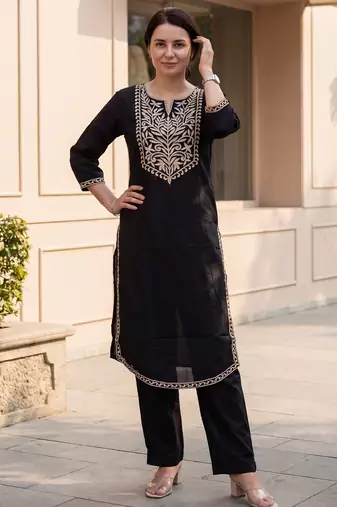 Black printed cotton kurta trouser set