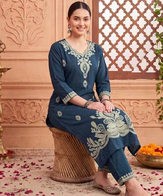 Navy blue printed cotton kurta trouser set 1