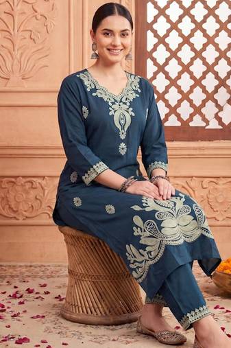 Navy blue printed cotton kurta trouser set