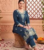 Navy blue printed cotton kurta trouser set