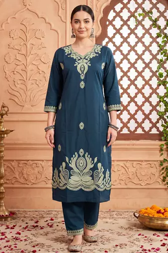 Navy blue printed cotton kurta trouser set