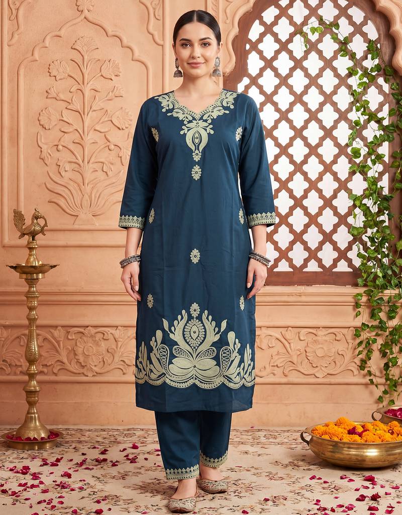 Navy blue printed cotton kurta trouser set