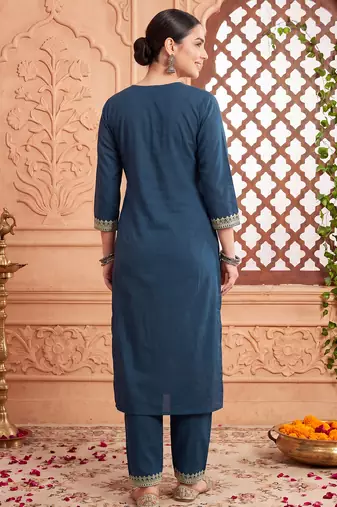Navy blue printed cotton kurta trouser set