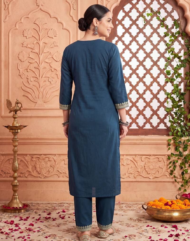 Navy blue printed cotton kurta trouser set