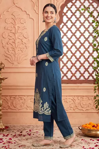 Navy blue printed cotton kurta trouser set