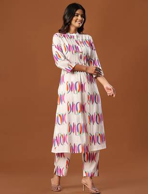 White printed cotton kurta trouser set 1