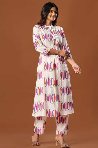 White printed cotton kurta trouser set