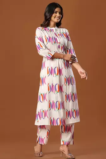 White printed cotton kurta trouser set