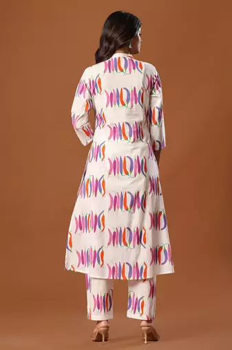White printed cotton kurta trouser set