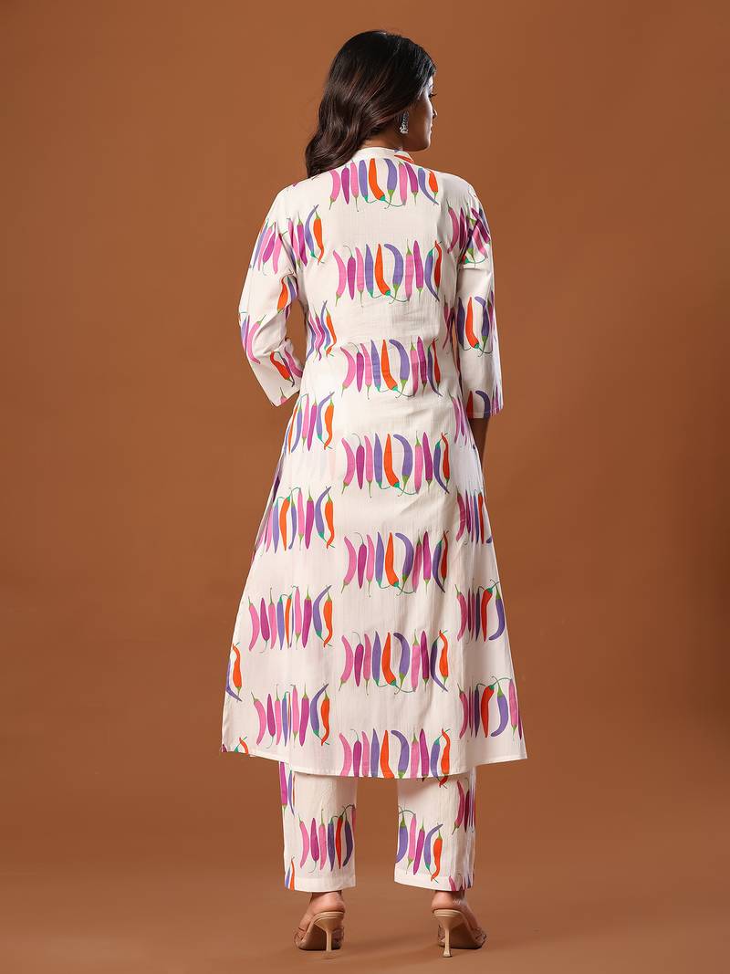White printed cotton kurta trouser set
