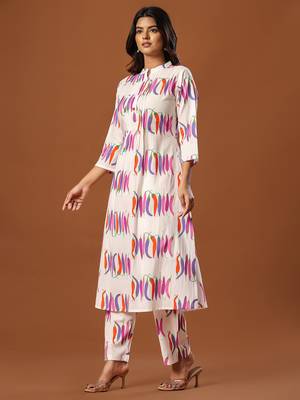White printed cotton kurta trouser set 3