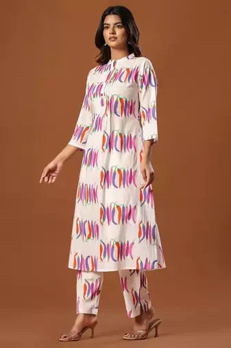 White printed cotton kurta trouser set