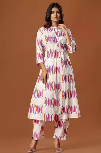 White printed cotton kurta trouser set
