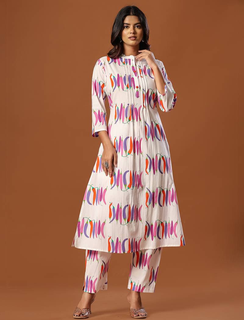 White printed cotton kurta trouser set