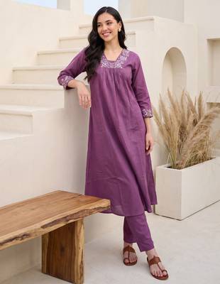 Lavender embroidered cotton kurta trouser set 1