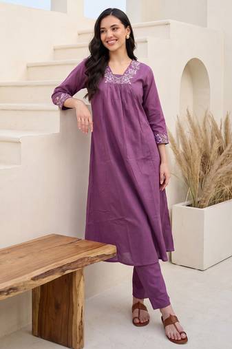 Lavender embroidered cotton kurta trouser set