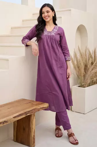 Lavender embroidered cotton kurta trouser set