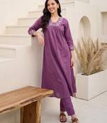 Lavender embroidered cotton kurta trouser set