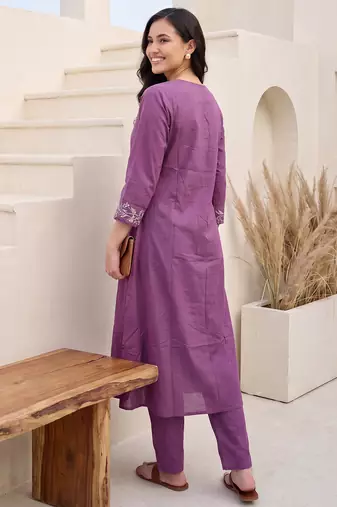 Lavender embroidered cotton kurta trouser set