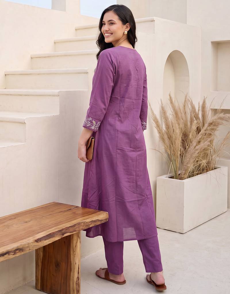 Lavender embroidered cotton kurta trouser set