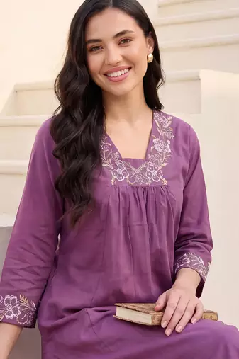 Lavender embroidered cotton kurta trouser set