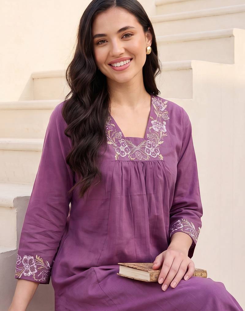 Lavender embroidered cotton kurta trouser set