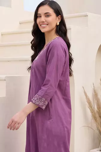 Lavender embroidered cotton kurta trouser set