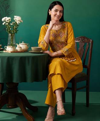 Mustard embroidered cotton kurta trouser set 1