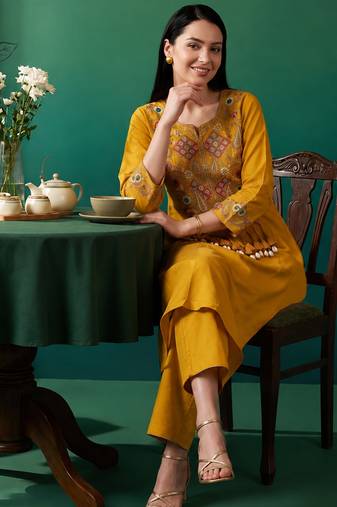 Mustard embroidered cotton kurta trouser set