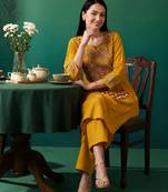 Mustard embroidered cotton kurta trouser set