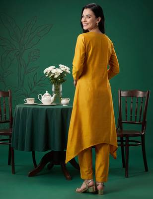 Mustard embroidered cotton kurta trouser set 2