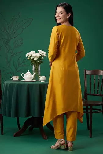 Mustard embroidered cotton kurta trouser set