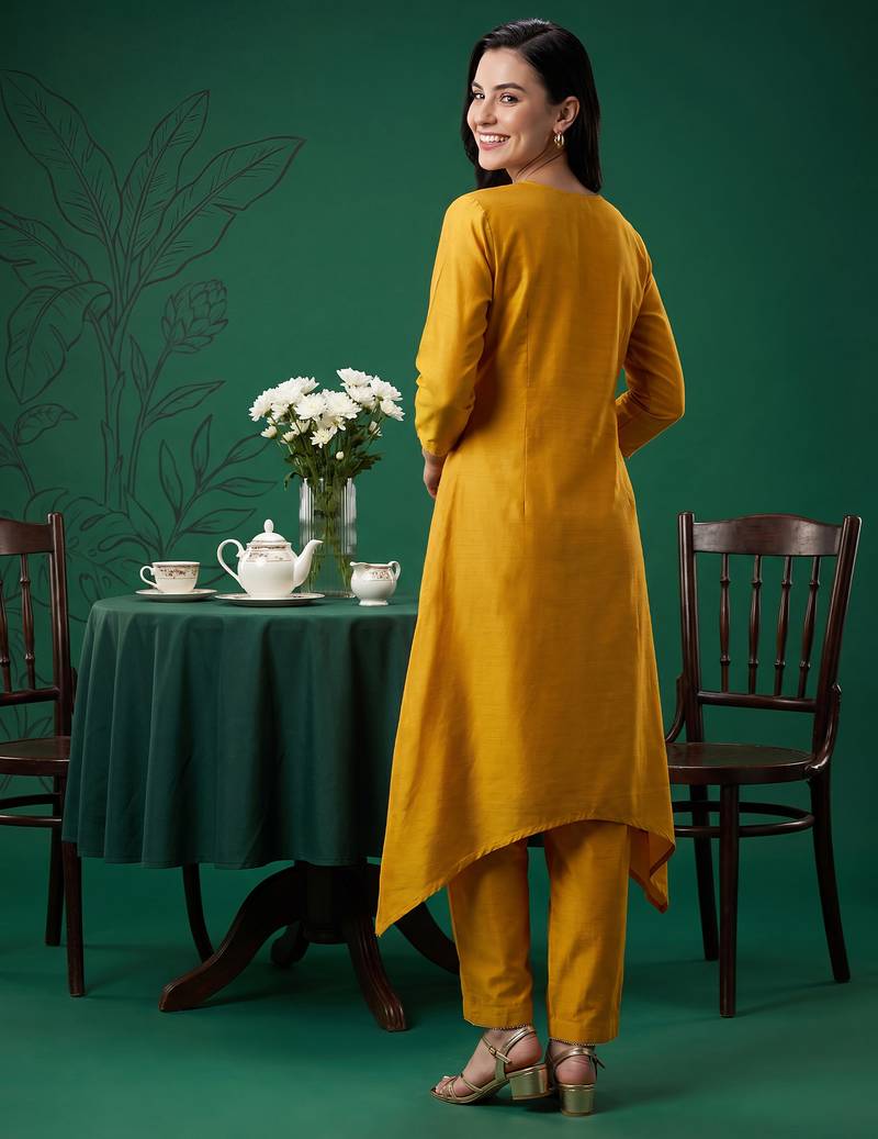 Mustard embroidered cotton kurta trouser set