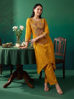 Mustard embroidered cotton kurta trouser set 3