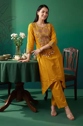 Mustard embroidered cotton kurta trouser set