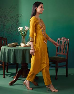 Mustard embroidered cotton kurta trouser set 4