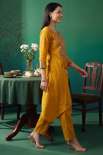 Mustard embroidered cotton kurta trouser set
