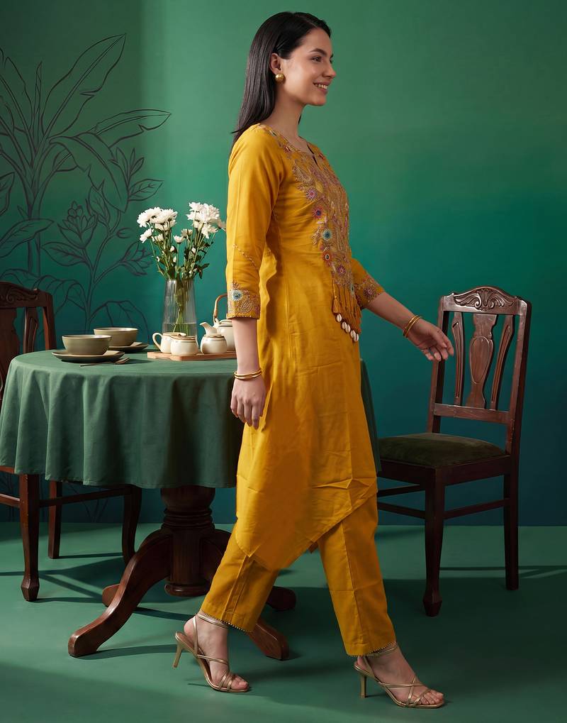 Mustard embroidered cotton kurta trouser set