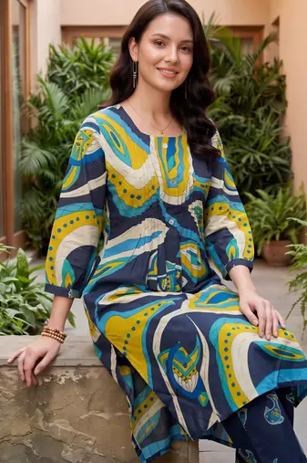Multicolor printed cotton kurta trouser set