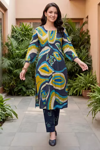 Multicolor printed cotton kurta trouser set